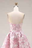 Rosa blommig axelbandslös korsett Jacquard Brocade A-linje lång balklänning med slits