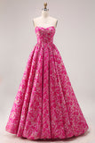 Fuchsia blomma axelbandslös jacquardkorsett A-linje lång balklänning