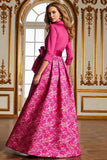 Fuchsia A Line Satin Blommig Lång Klänning Till Brudens Mor med ärmar
