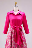 Fuchsia Floral A Line Satin Long Mother of the Bride klänning med slåkknut