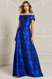 Royal Blue Off The Shoulder Tryckt En Linje Klänning för Brudens Mor