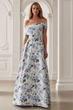 Blå blomma off the shoulder A-linje lång brudmor-klänning
