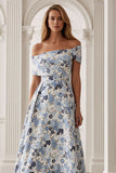 Blå blomma off the shoulder A-linje lång brudmor-klänning