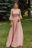 Dusty Rose A-linje spetsklänning med lång Mother of the Bride-klänning med 3/4-ärmar