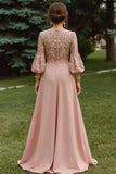 Dusty Rose A-linje spetsklänning med lång Mother of the Bride-klänning med 3/4-ärmar