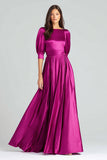 Fuchsia satin halvärmar A Line Lång formell klänning