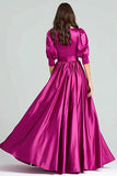 Fuchsia satin halvärmar A Line Lång formell klänning