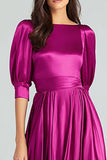 Fuchsia satin halvärmar A Line Lång formell klänning
