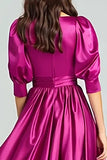 Fuchsia satin halvärmar A Line Lång formell klänning
