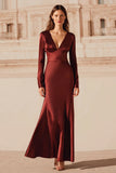 Burgundy satin sjöjungfru V-ringad lång formell klänning