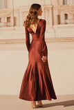 Burgundy satin sjöjungfru V-ringad lång formell klänning