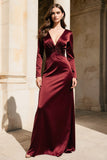 Burgundy satin V-ringad långärmad klänning