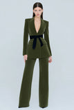Olive Velvet Peak Lapel tvådelade damkostymer med bälte