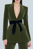 Olive Velvet Peak Lapel tvådelade damkostymer med bälte