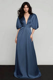 Mörkblå A-linje satin V-hals puffärm-formell klänning
