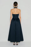 Halter Navy A-linje lång satinkllänning med fickor