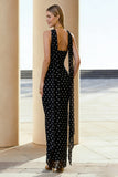 Axelbandslös svart White Dots Chiffon lång cabrioletklänning med serpentinen