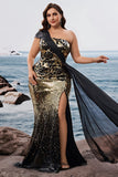 Saprkly Black Golden Mermaid Aftonklänning med en axellång lång och slits