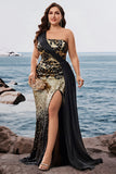 Saprkly Black Golden Mermaid Aftonklänning med en axellång lång och slits