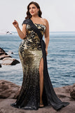 Saprkly Black Golden Mermaid Aftonklänning med en axellång lång och slits