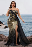 Saprkly Black Golden Mermaid Aftonklänning med en axellång lång och slits