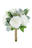 Klassiska bröllopsblommor, vit ros och grönska, brudbukett
