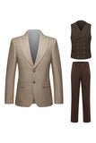 Khaki Coffee Peak Lapel Enkelknäppta herrkostymer i tre delar