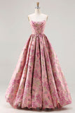 Axelbandslös rosa jacquard korsett Prinsessprinsessa blommig lång balklänning med snöre på ryggen