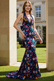 Halter Black Flower Mermaid Long Prom-klänning med rosett
