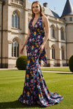 Halter Black Flower Mermaid Long Prom-klänning med rosett