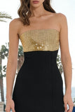 Glittrande axelbandslös svart och guld sjöjungfruklänning