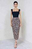 Svart och brun Leopard fyrkantig hals Bodycon Midi arbetsklänning