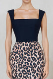 Svart och brun Leopard fyrkantig hals Bodycon Midi arbetsklänning