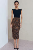 Bodycon svart och brun leopardbåtsutringning med midi-arbetsklänning med slits