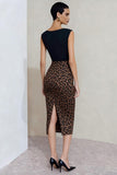 Bodycon svart och brun leopardbåtsutringning med midi-arbetsklänning med slits