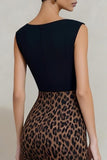 Bodycon svart och brun leopardbåtsutringning med midi-arbetsklänning med slits