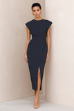 Marinblå rundhalsad satin bodycon midi-arbetsklänning med slits