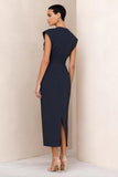 Marinblå rundhalsad satin bodycon midi-arbetsklänning med slits