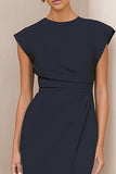 Marinblå rundhalsad satin bodycon midi-arbetsklänning med slits