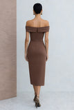 Axellös brun satinskrädda midi-arbetsklänning med slits