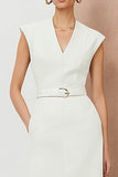Sheath Ivory V-ringad midi-arbetsklänning med bälte