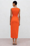 Orange satin Bateau-hals skåra med rynkad midi-arbetsklänning med slits