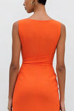 Orange satin Bateau-hals skåra med rynkad midi-arbetsklänning med slits