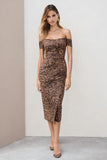 Brun leopard axellös bodycon midi-arbetsklänning med bakre slits