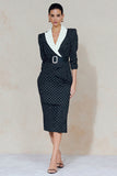 Marinblå White Dot Peak Lapel Bodycon Midi-arbetsklänning med strassbälte
