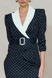Marinblå White Dot Peak Lapel Bodycon Midi-arbetsklänning med strassbälte