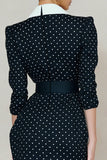 Marinblå White Dot Peak Lapel Bodycon Midi-arbetsklänning med strassbälte
