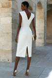 Elfenbensfärgad satin V-ringad bodycon enkelknäppt midi-arbetsklänning