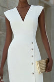 Elfenbensfärgad satin V-ringad bodycon enkelknäppt midi-arbetsklänning
