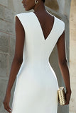 Elfenbensfärgad satin V-ringad bodycon enkelknäppt midi-arbetsklänning